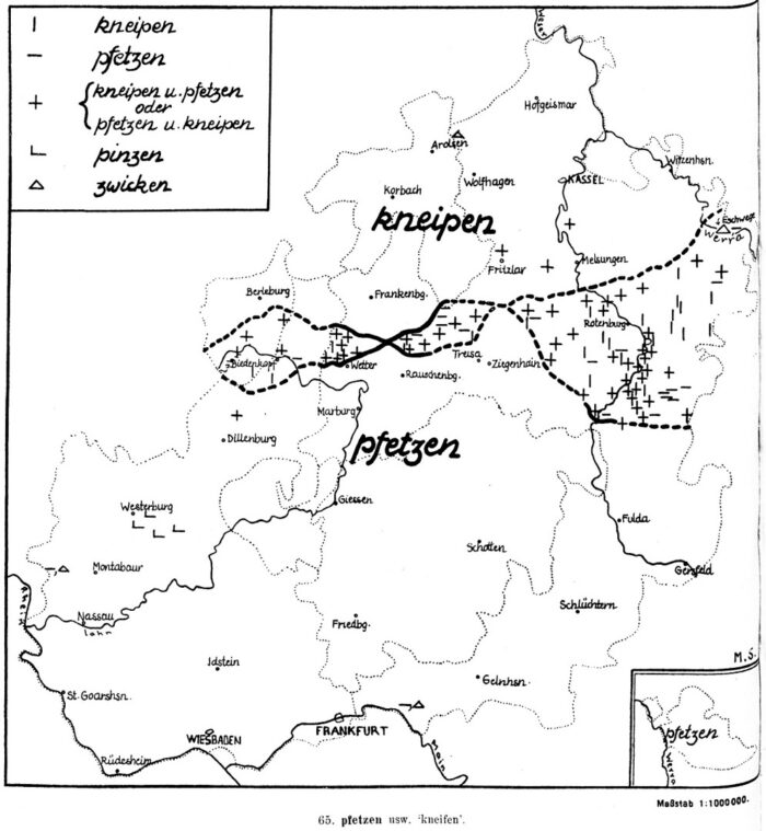 Wortkarte aus dem Hessen-Nassauischen Wörterbuch zu der Verteilung von pfetzen und kneipen mit einem breiten Mischgebiet in Nordhessen