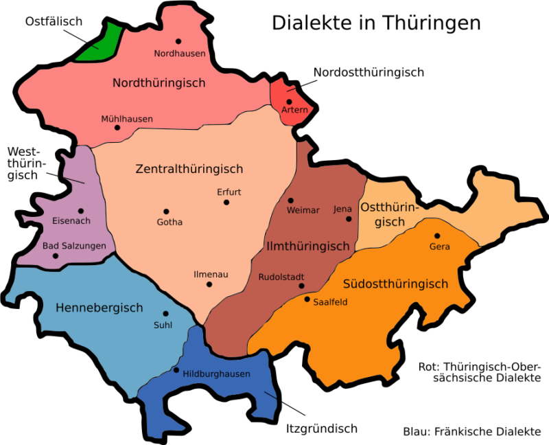 Karte der Dialekte in Thüringen